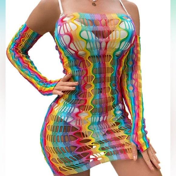 ❤️SOLD❤️ Rainbow Mesh Fishnet Dress Rave Festival Outfit Swim Cover - Picture 2 of 9